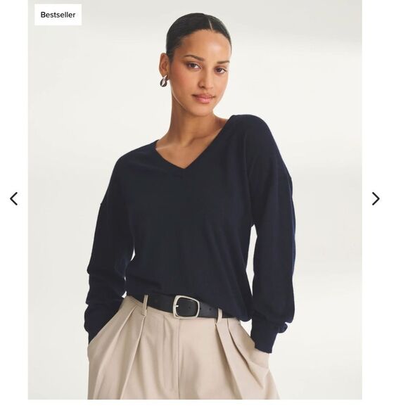 Naadam Fancy Cashmere V-Neck Sweater Size Medium Navy Blue - Picture 2 of 10